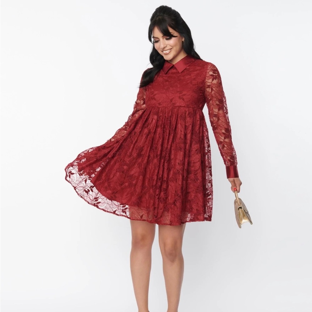 Elegant Burgundy Lace Long Sleeve Dress, Unique Vintage NWT